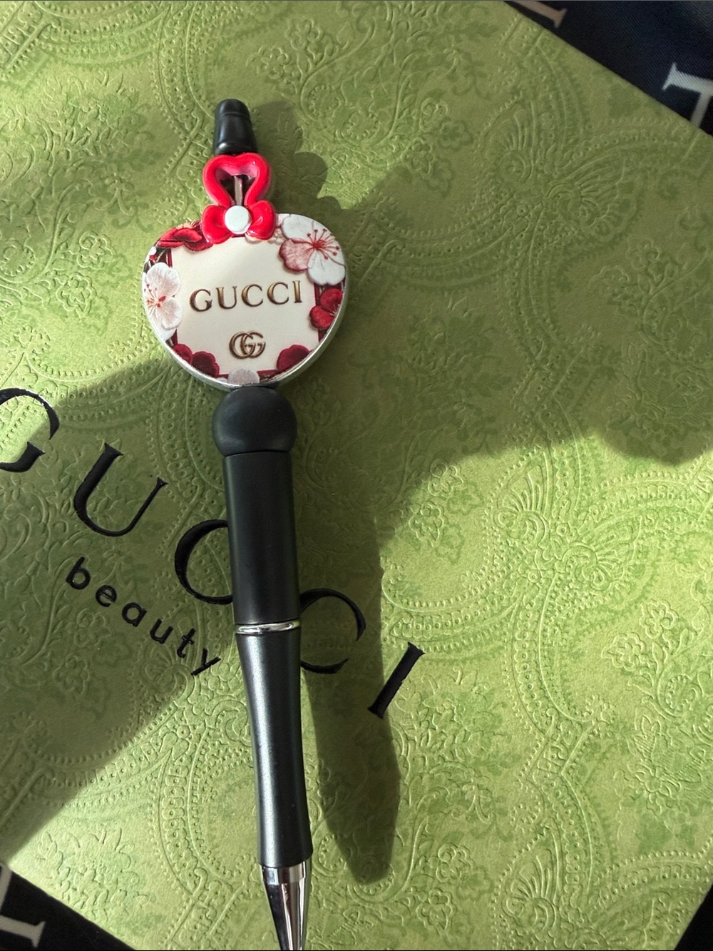 Handcrafted Black, White and Red Floral Heart Pen